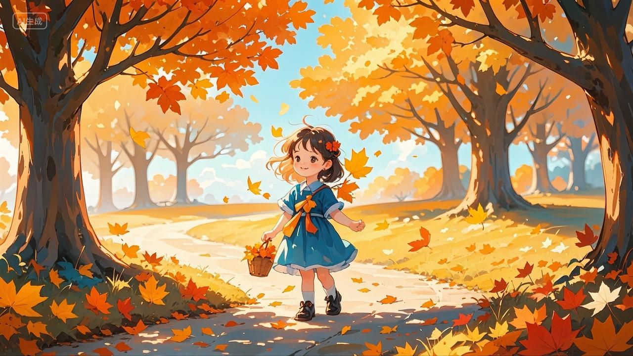 小女孩在秋天的枫树林里采集枫叶插画背景壁纸