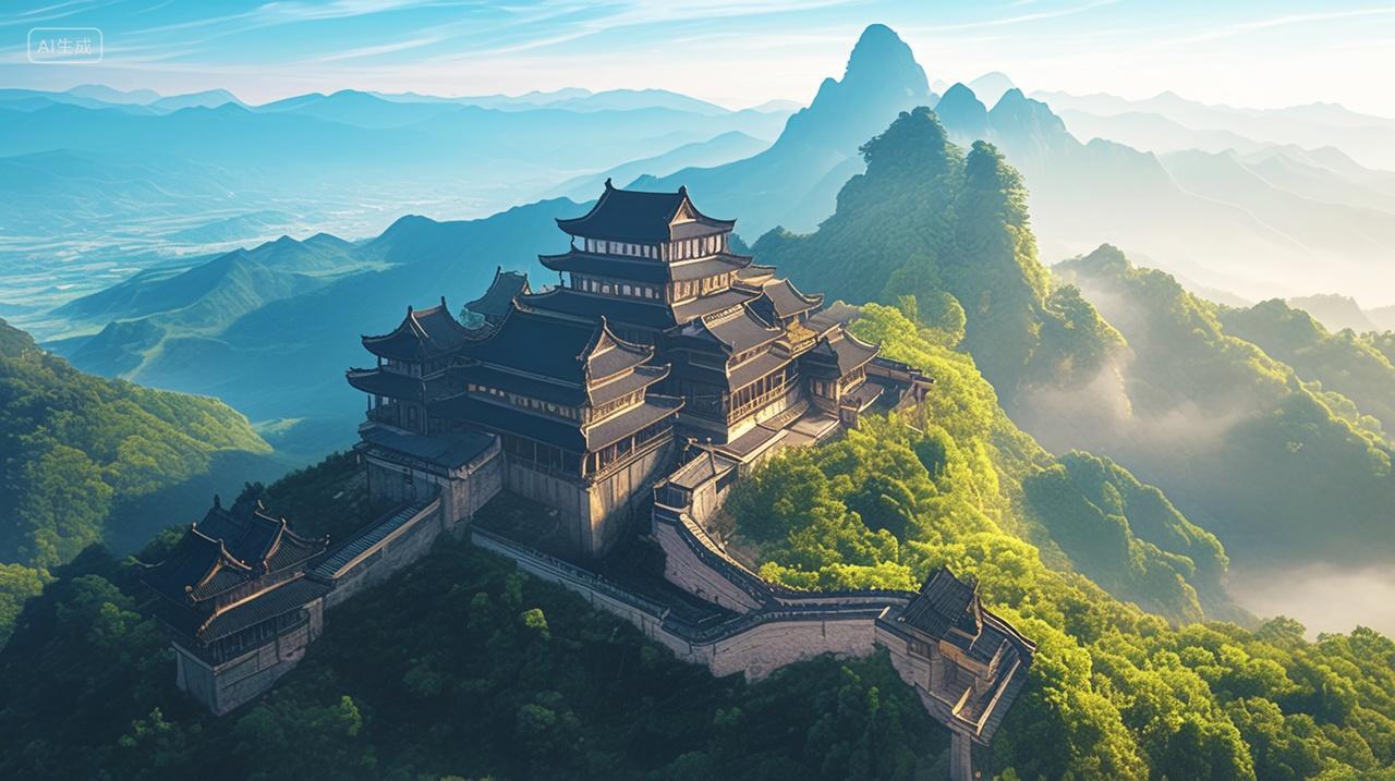 航拍中国风山顶中式建筑旅行景区景点