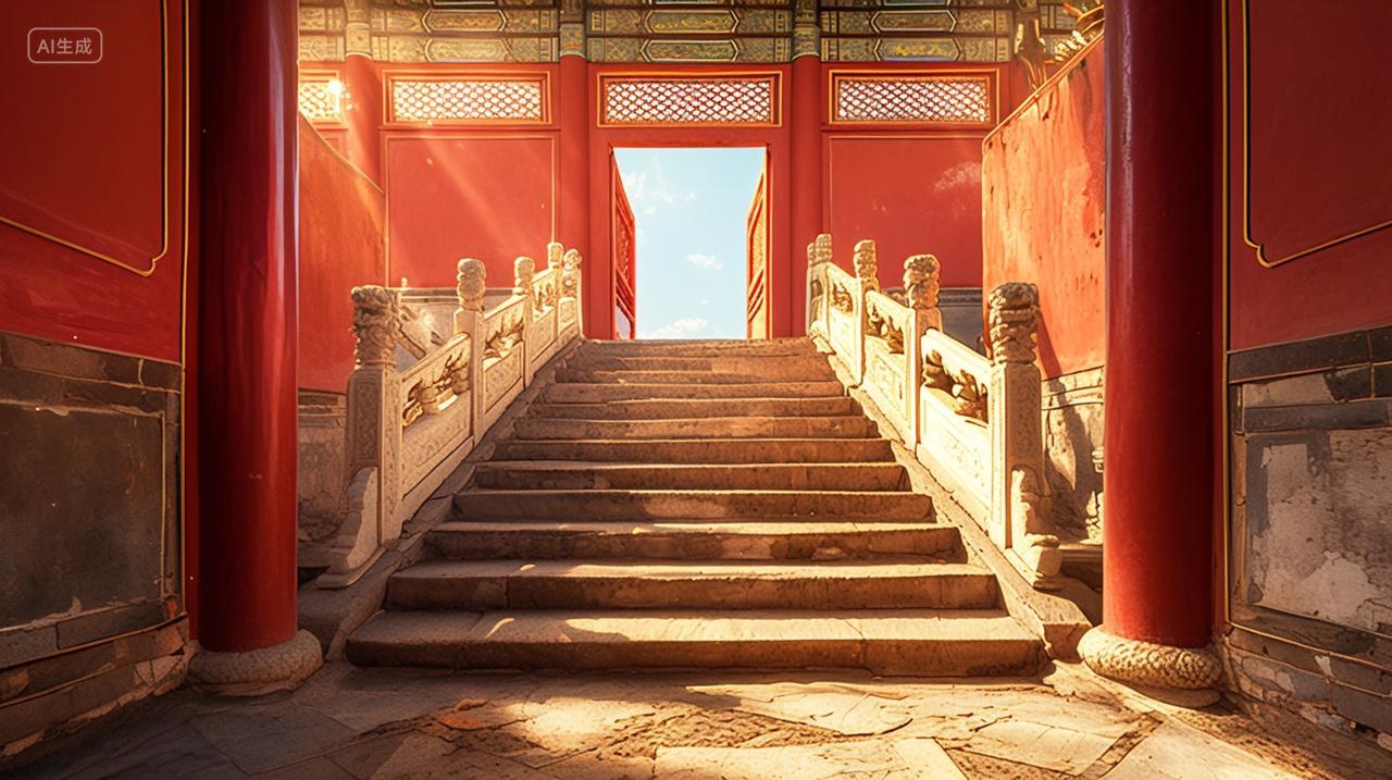 实拍中式建筑梯子楼梯红色珠子国风