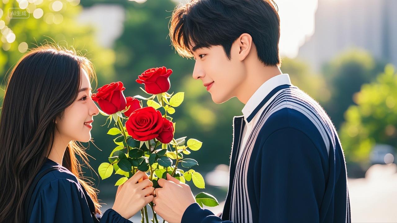 情侣手捧玫瑰花求婚七夕情人节