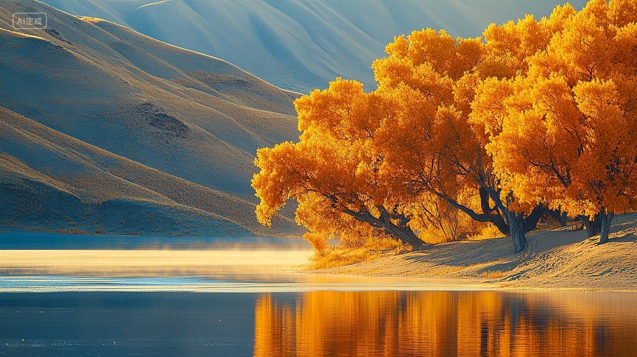 新疆沙漠湖泊胡杨的秋天