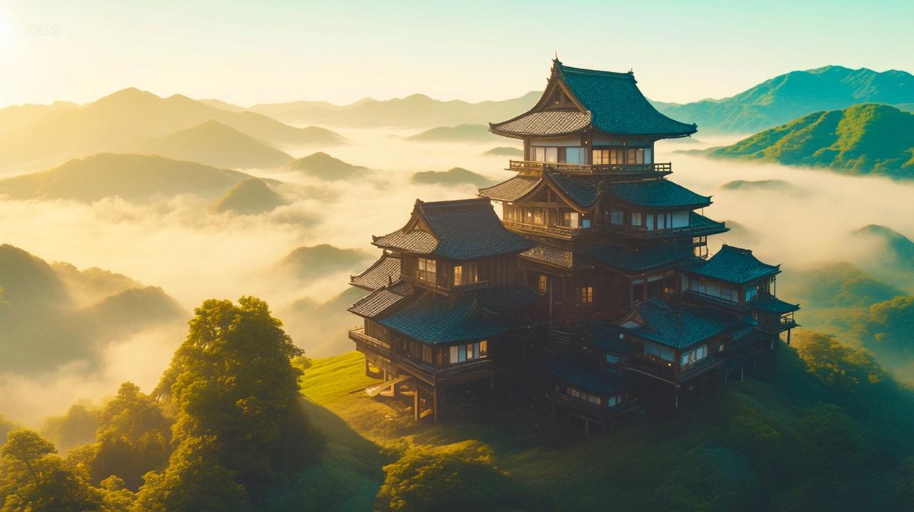 航拍云雾缠绕半山腰中的中式建筑自然风景