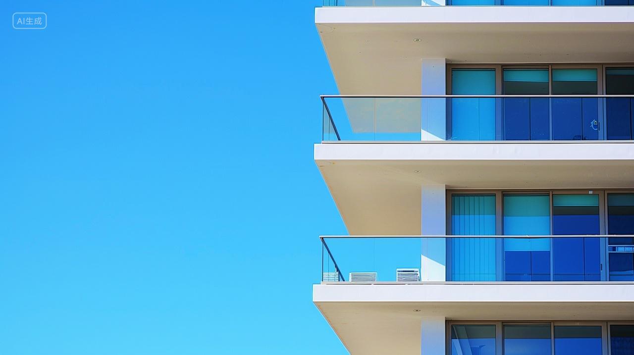 实拍现代建筑一角外部围栏高楼大厦蓝天