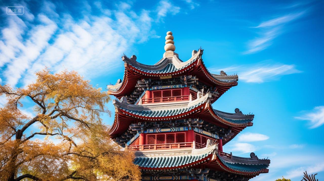 蓝天白云中式古风建筑旅行旅游宣传