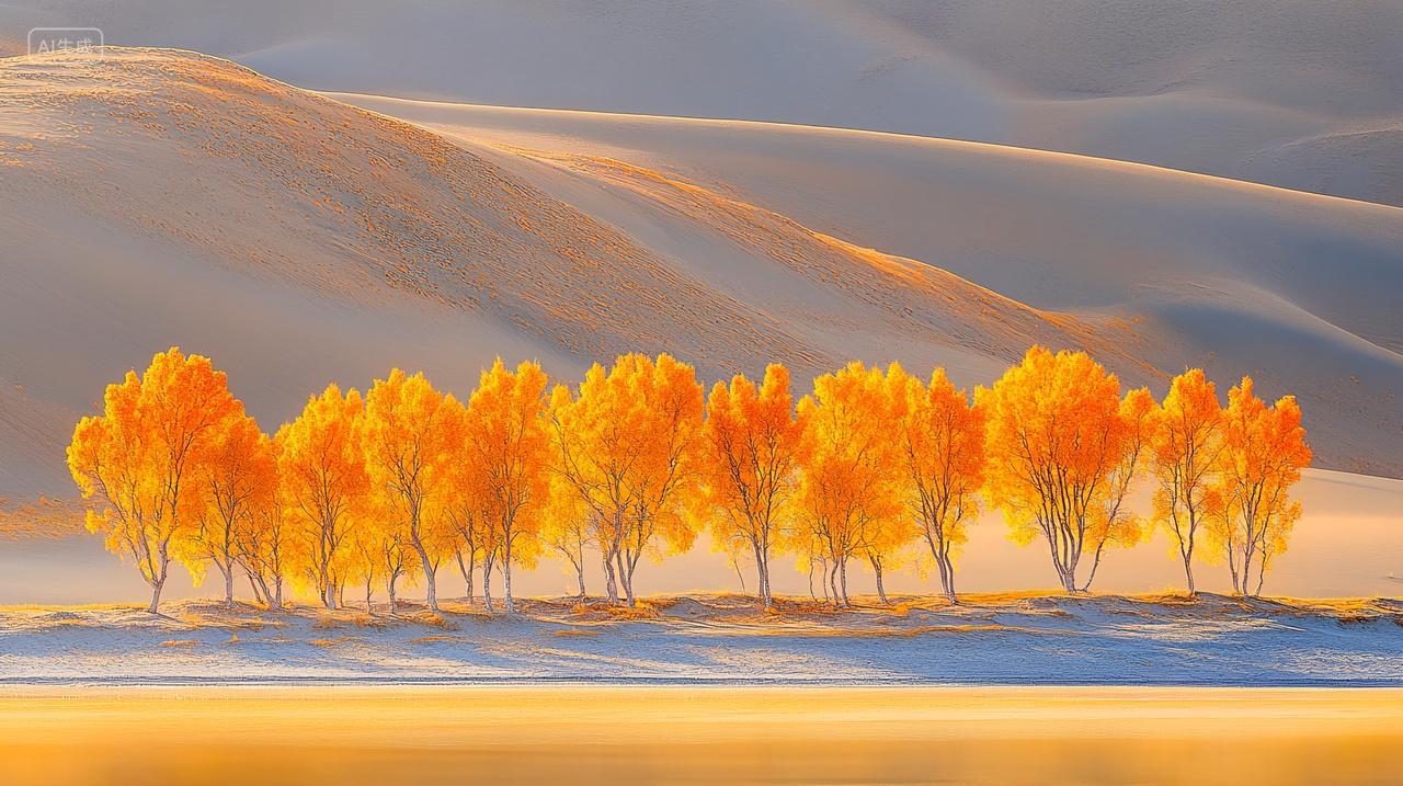 新疆沙漠湖泊胡杨的秋天