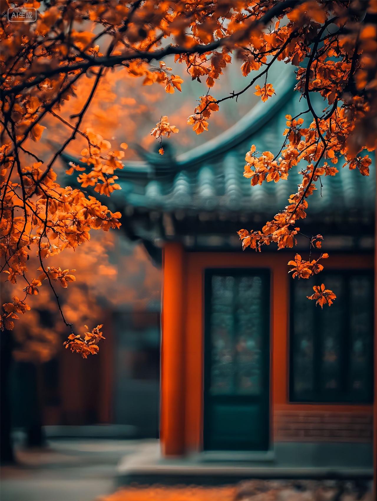 AI绘画秋分素材图盛夏黄花秋日光古建筑唯美背景图