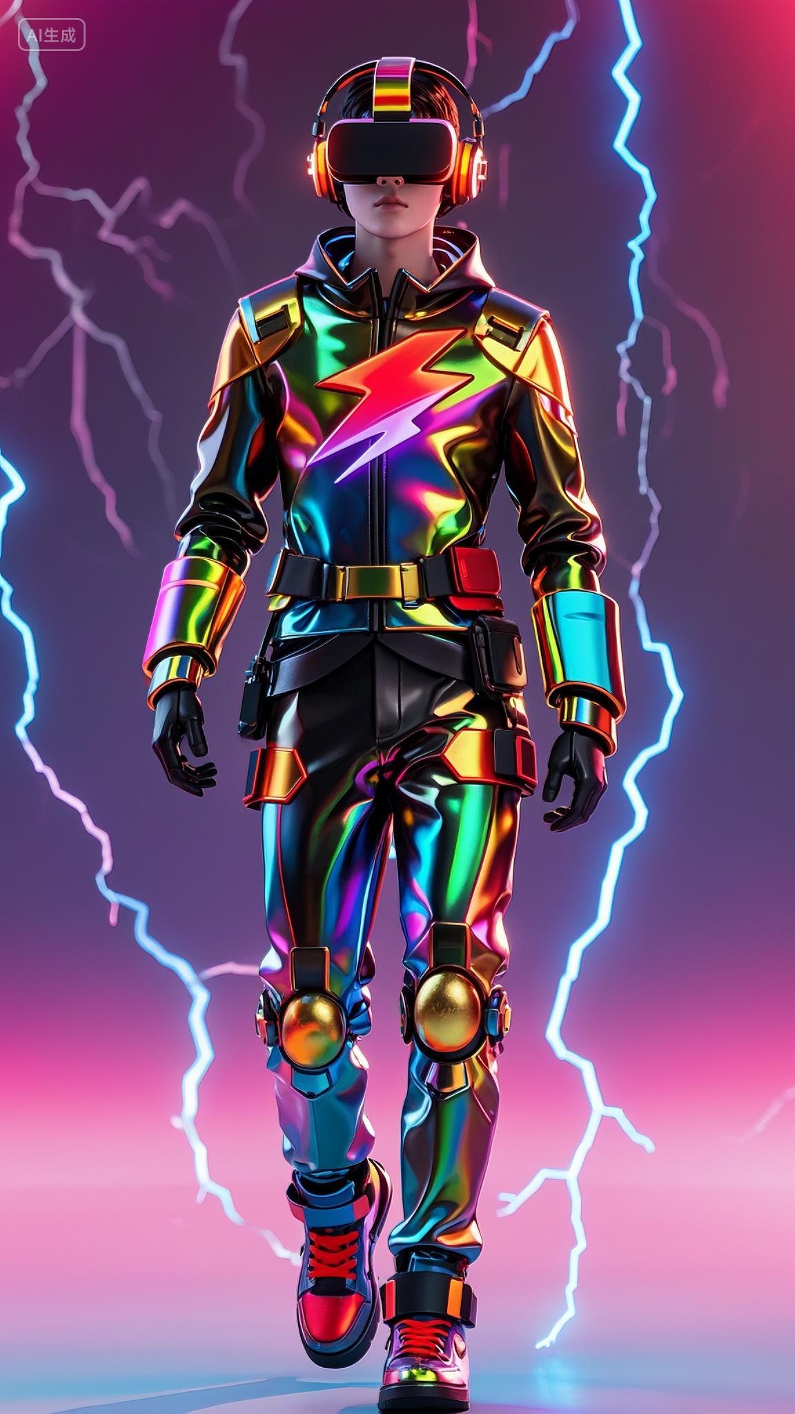 一个男孩戴着耳机VR眼镜赛博风格超现实主义3D背景海报