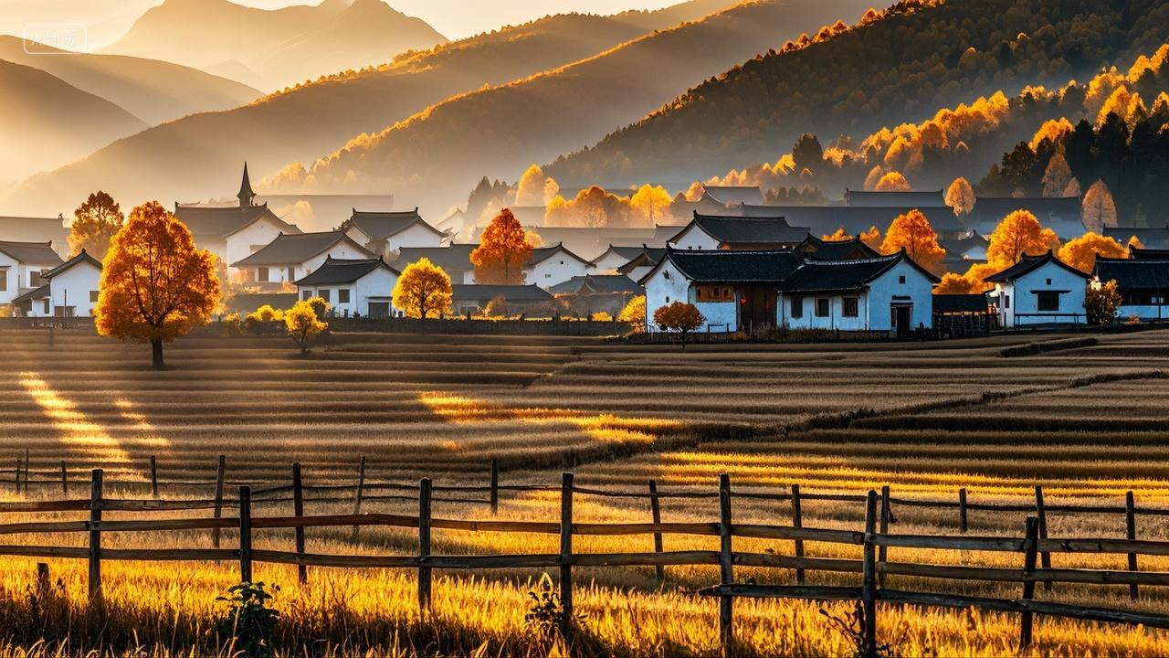 秋天大山深处的小乡村落农田风景壁纸
