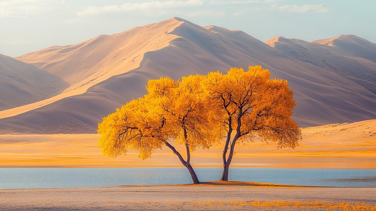 新疆沙漠湖泊胡杨的秋天