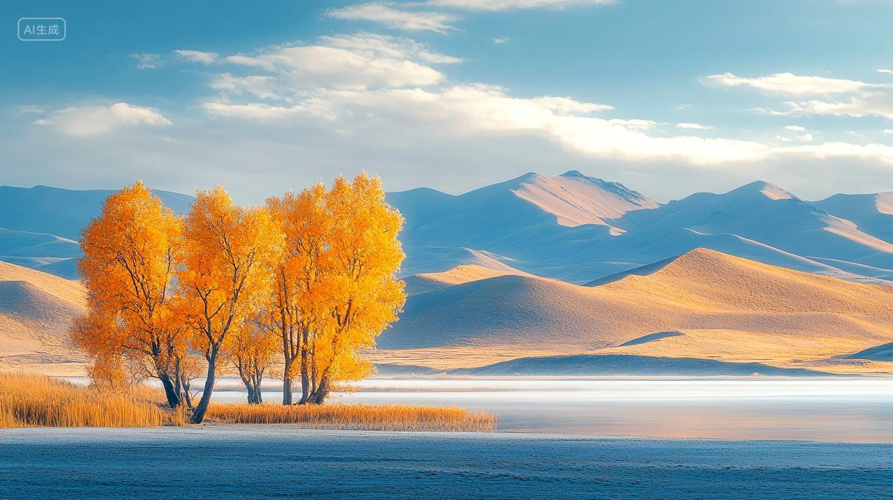 新疆沙漠湖泊胡杨的秋天