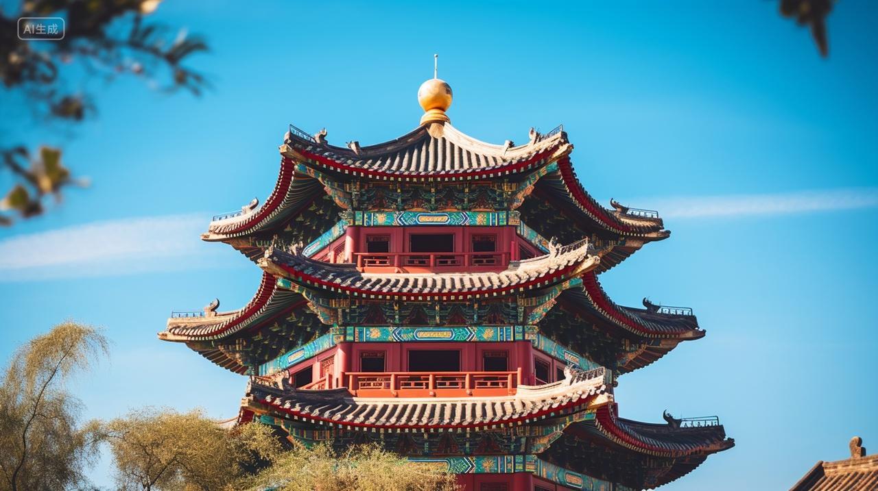 实拍蓝天白云中式古建筑古代建筑旅行旅游