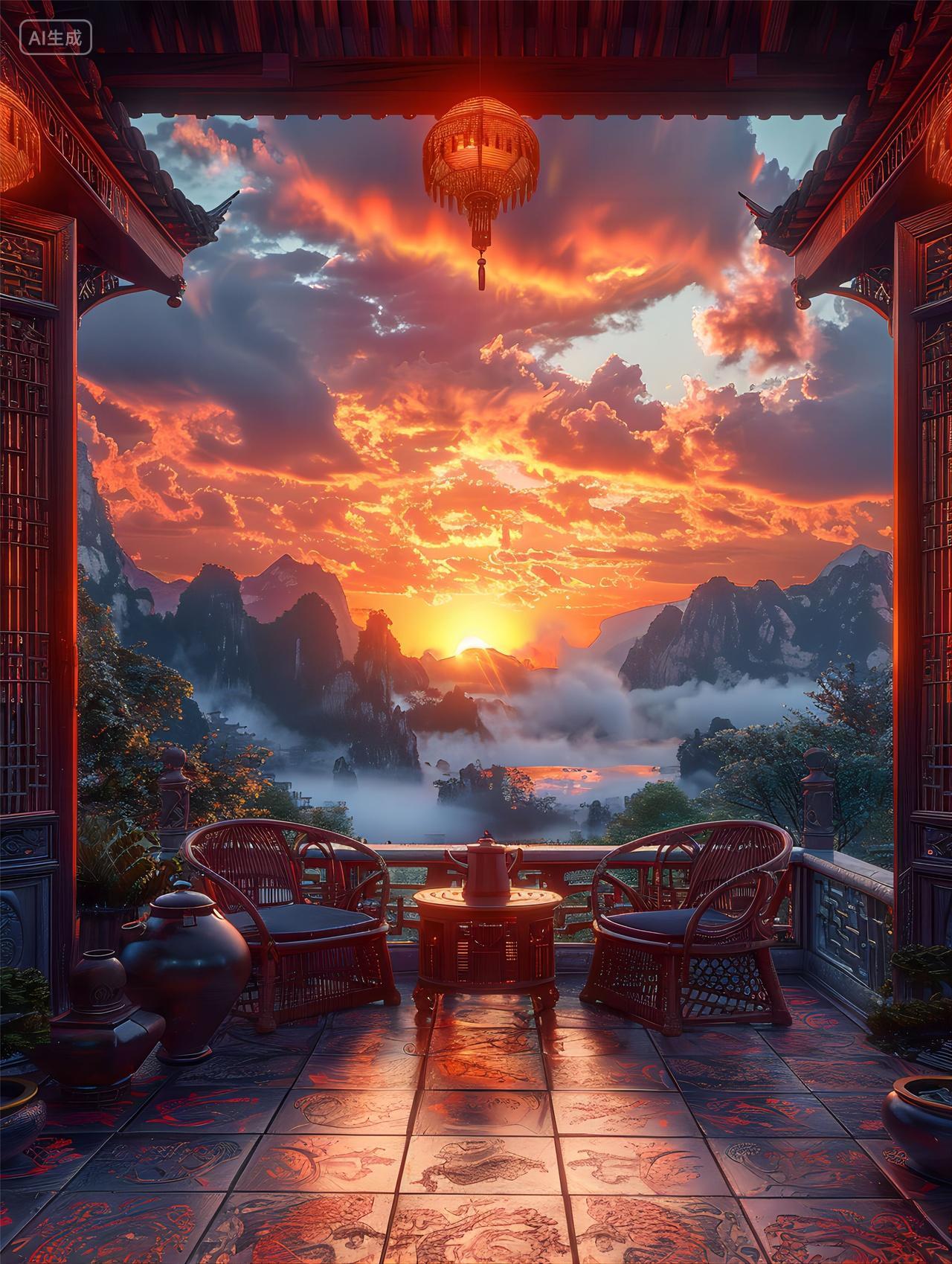 AI绘画秋分火烧云奇观背景图