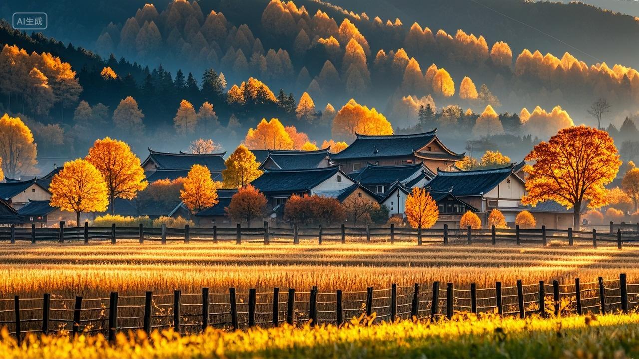 秋天大山深处的小乡村落农田风景壁纸