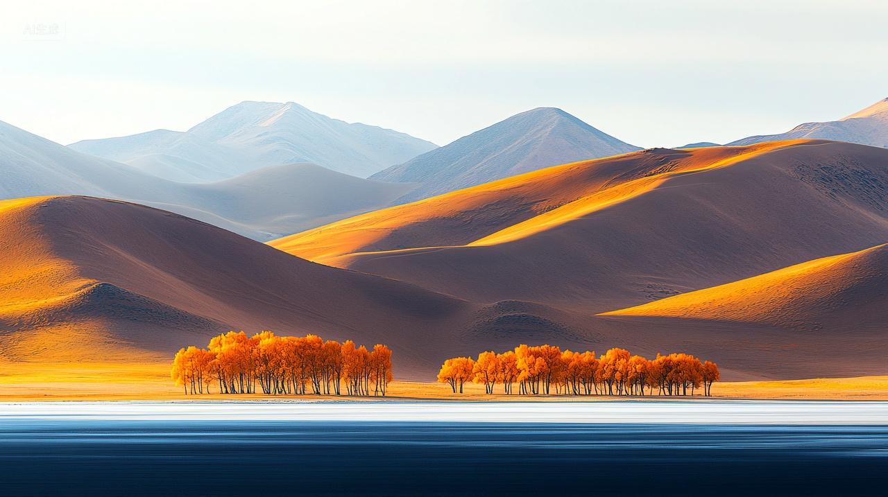 新疆沙漠湖泊胡杨的秋天