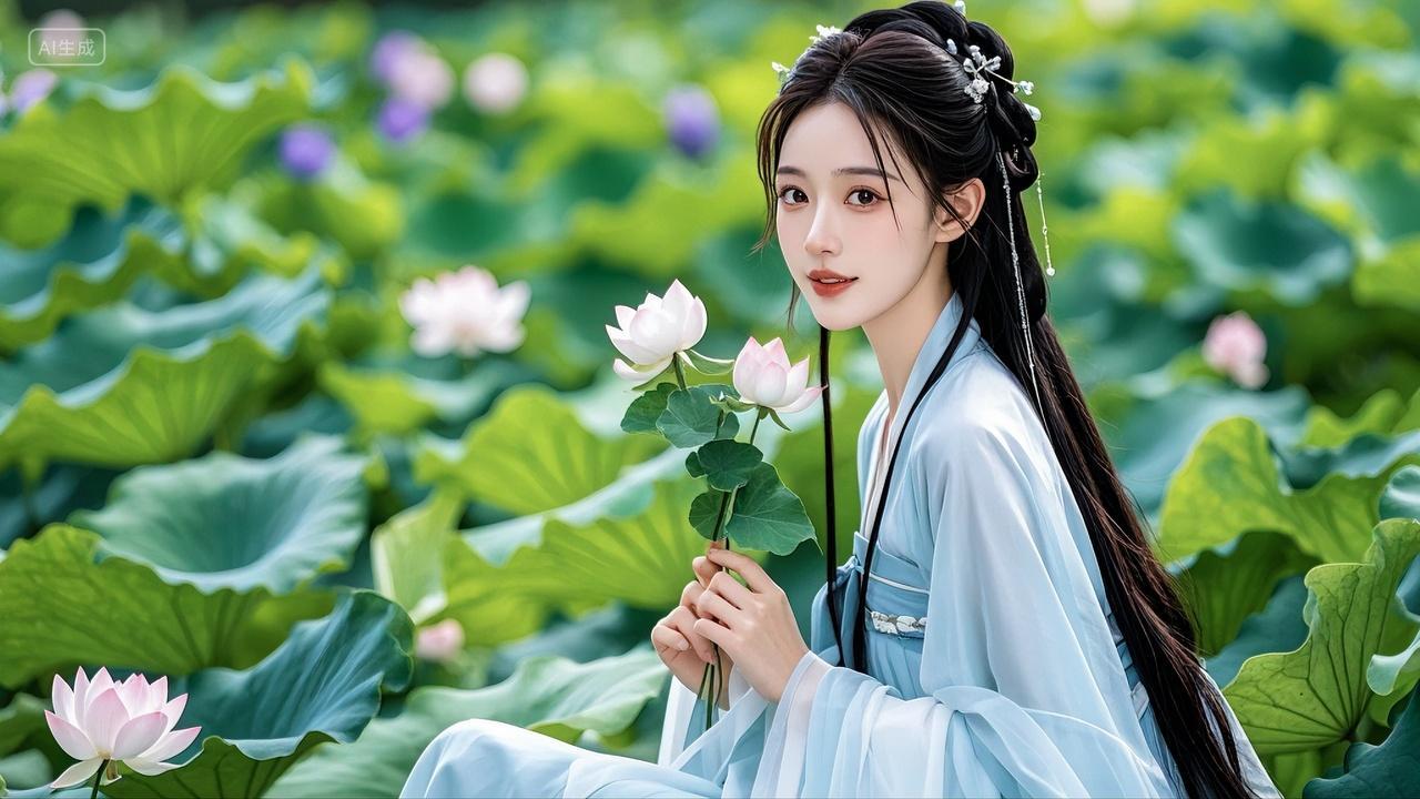 夏日荷塘里青衫古风美女风景壁纸