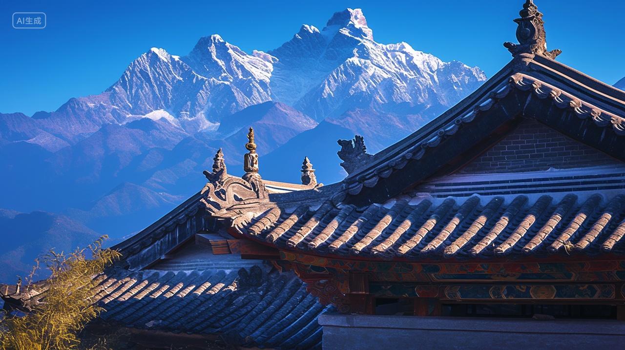 实拍远山雪山古建筑屋檐一角旅行旅游广告宣传