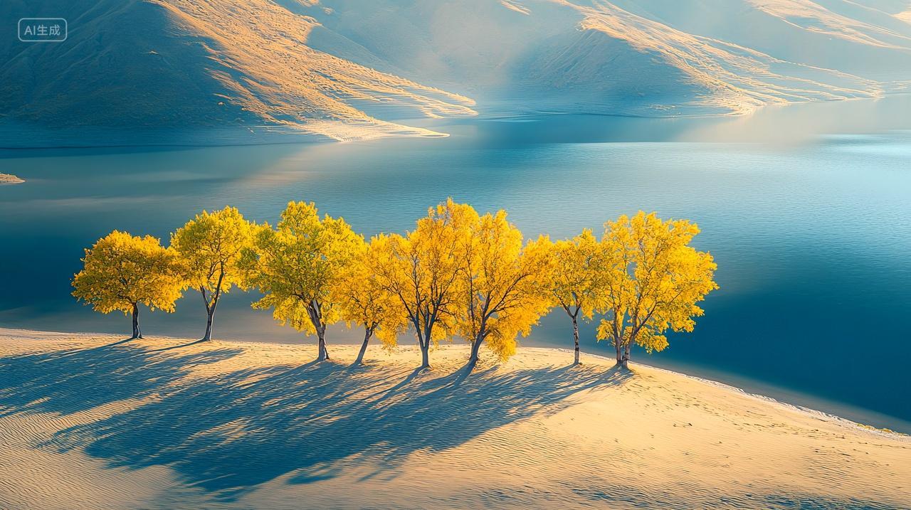 新疆沙漠湖泊胡杨的秋天