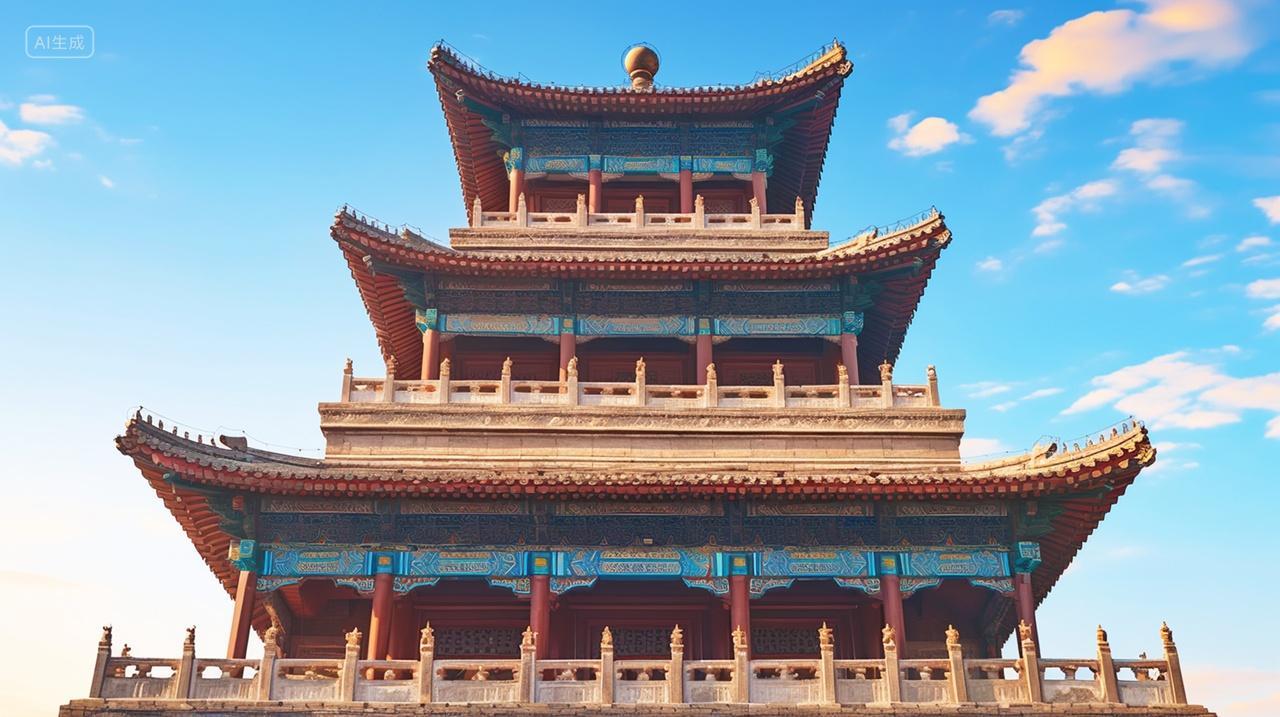 实拍蓝天白云中式古代建筑古楼旅行旅游景区