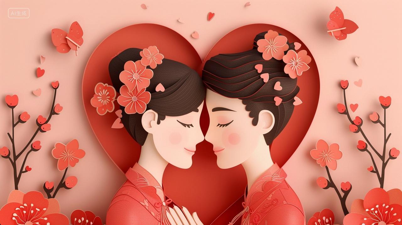 七夕情侣剪纸风格爱心插画情人节520