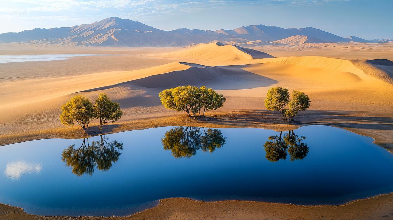新疆沙漠湖泊胡杨的秋天