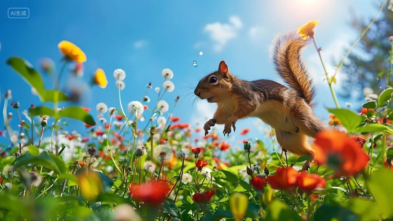 一只可爱的小松鼠跳跃在一片五颜六色的草地上