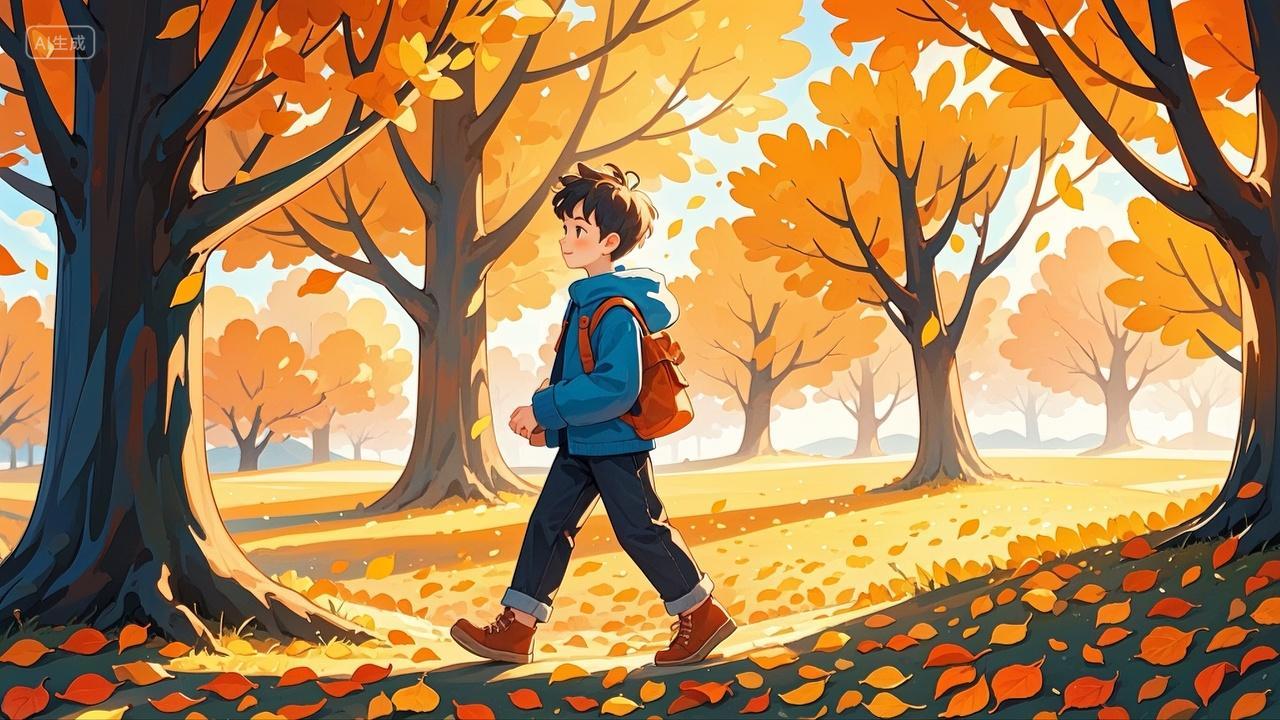 小男孩背着书包行走在秋天的树林里插画背景壁纸