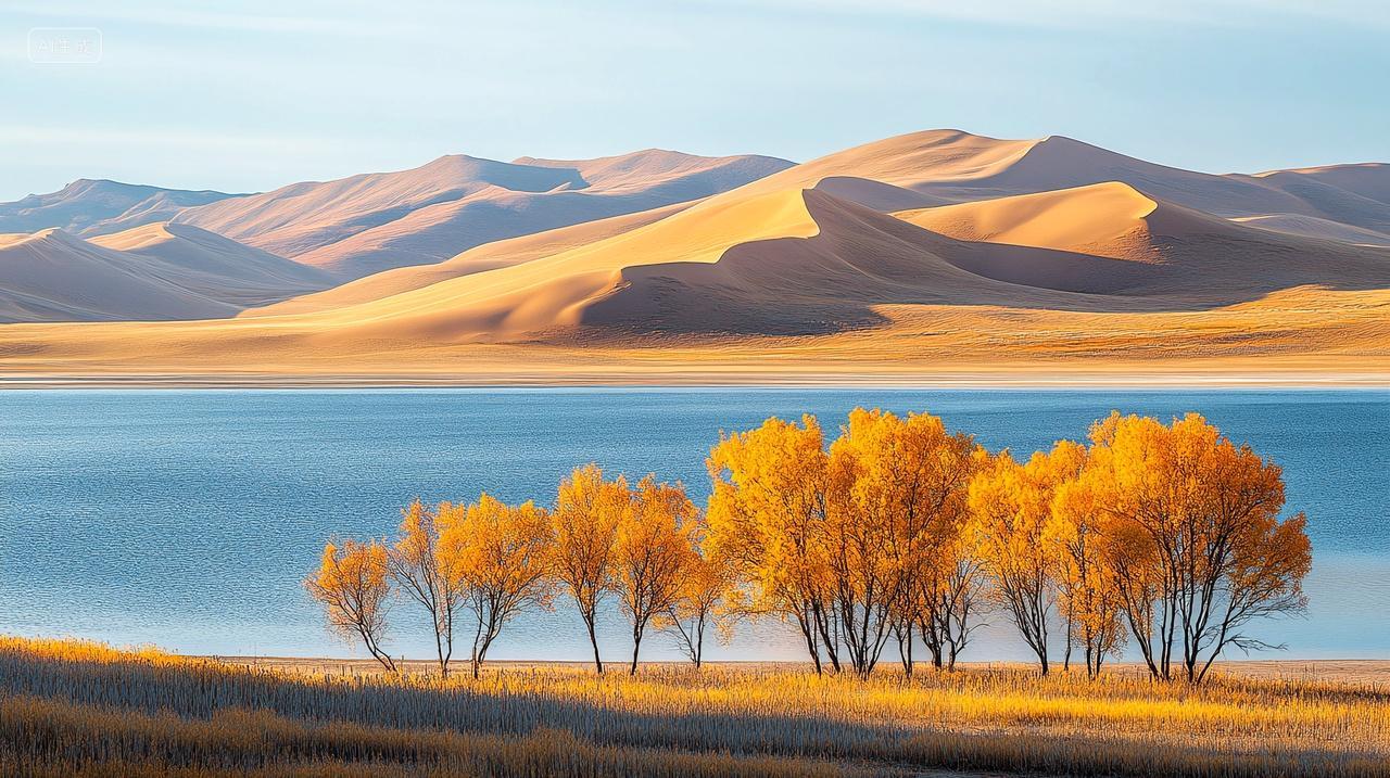 新疆沙漠湖泊胡杨的秋天