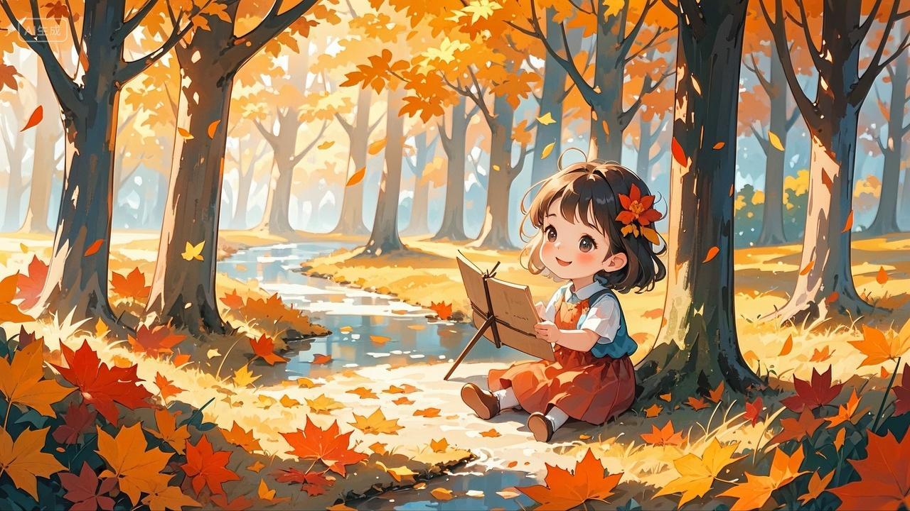 小女孩在秋天的枫树林里画画插画背景壁纸