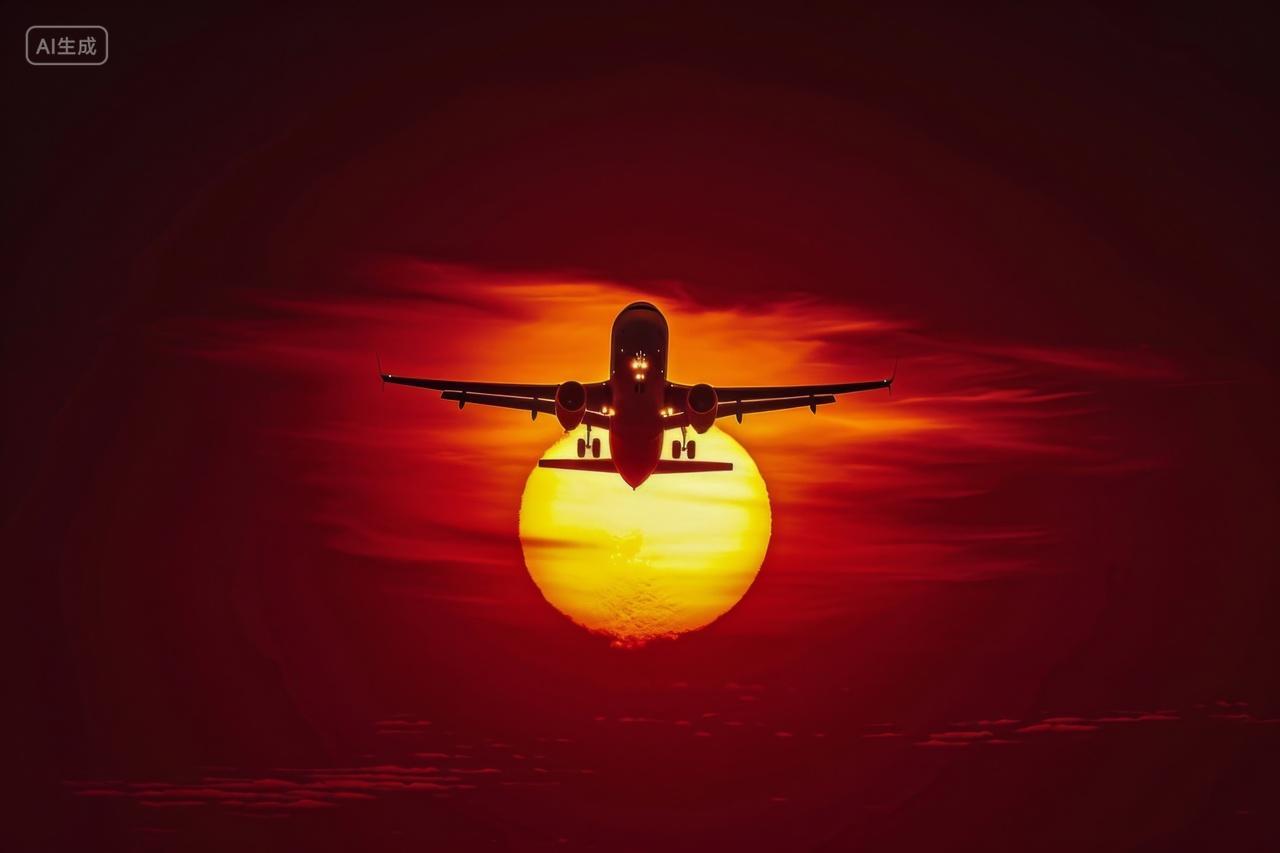 飞机飞过夕阳
