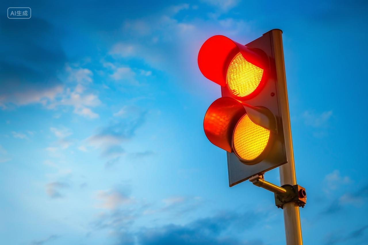 蓝天白云背景下的交通信号灯