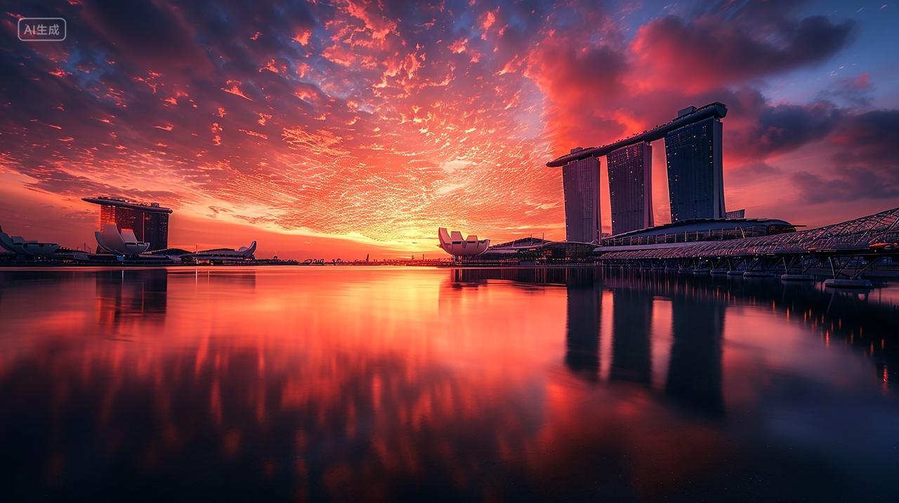 傍晚高楼大厦倒影在湖面上的火烧云