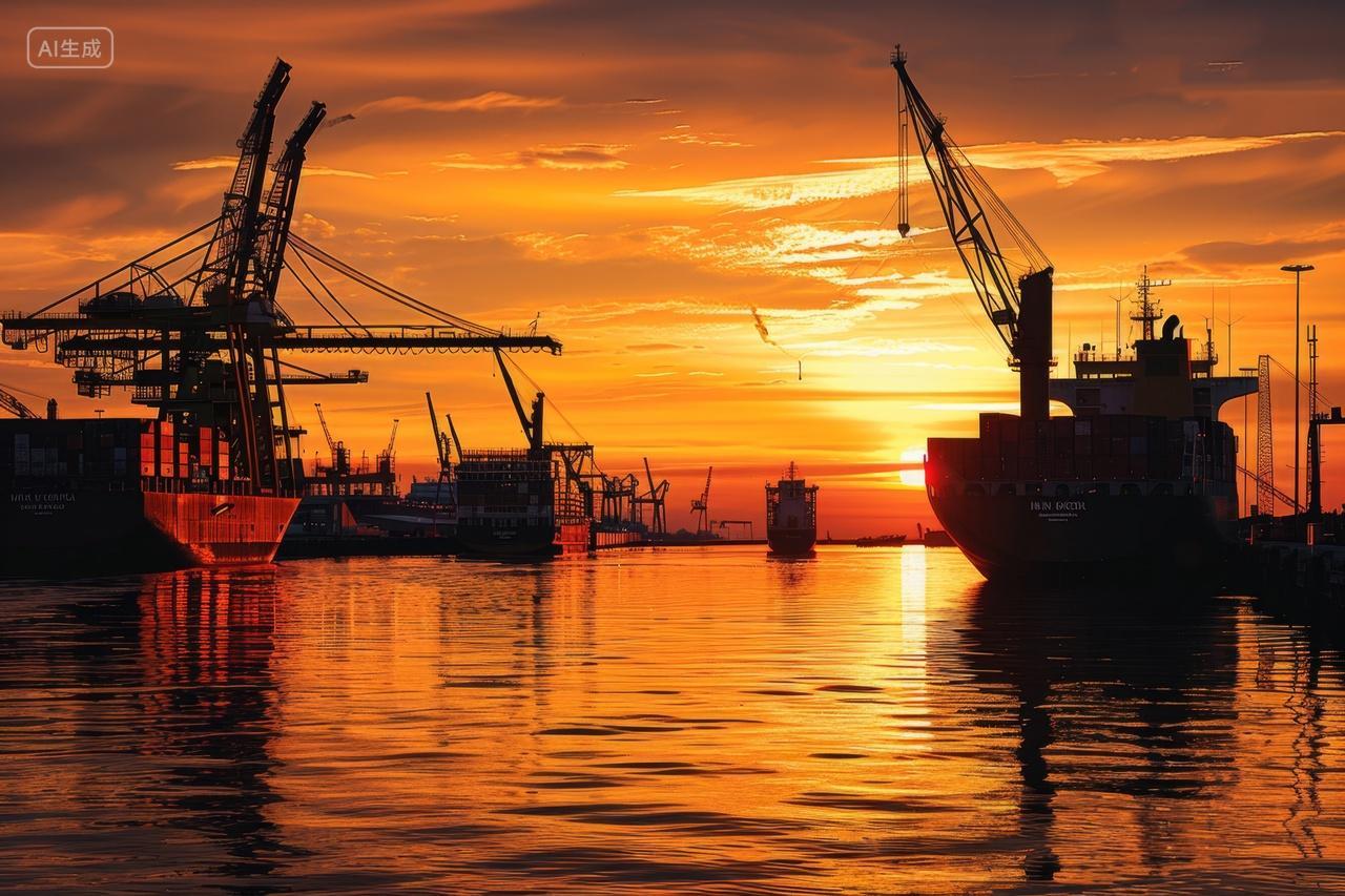 夕阳下的港口码头
