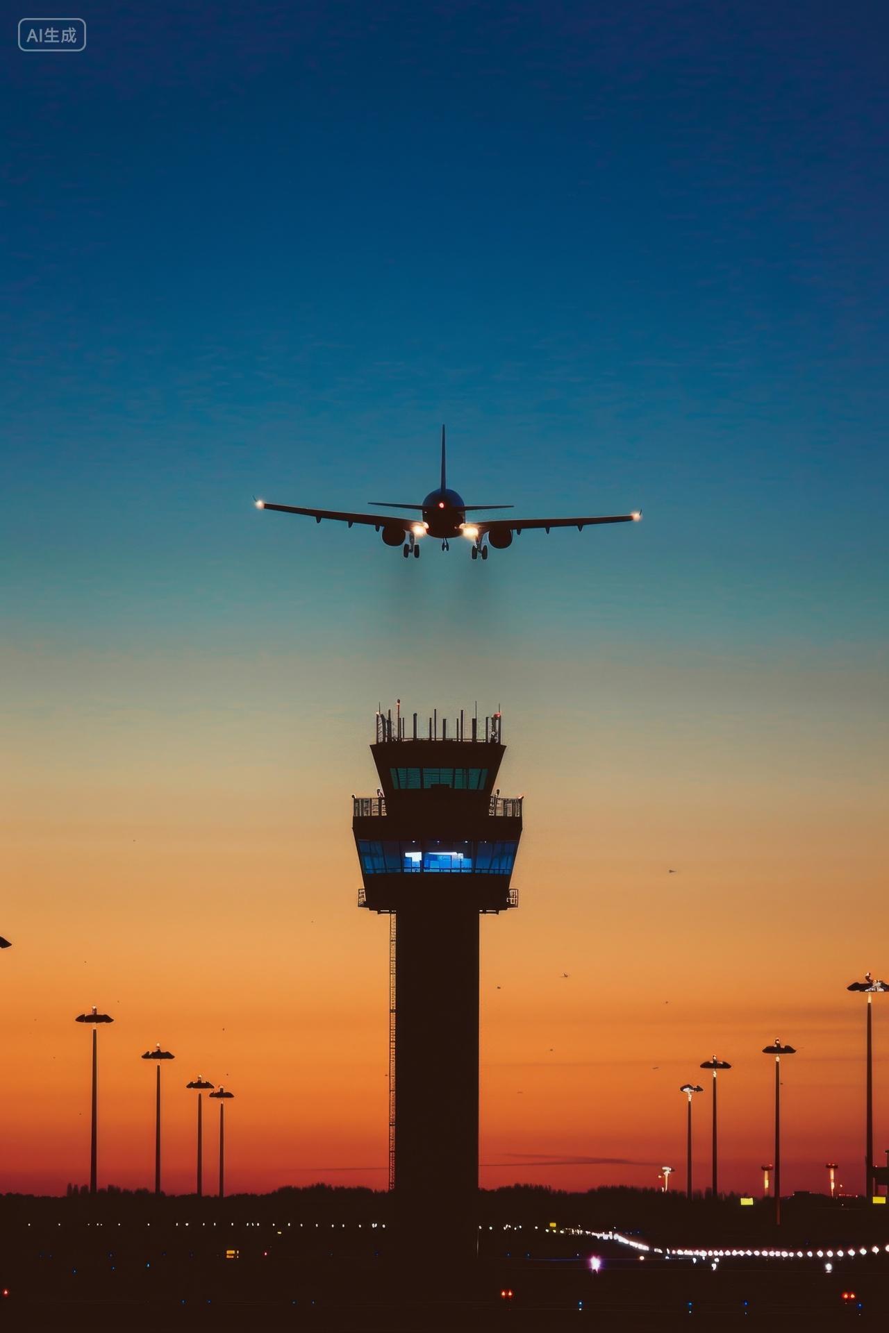 夜幕下的飞机起飞掠过塔台