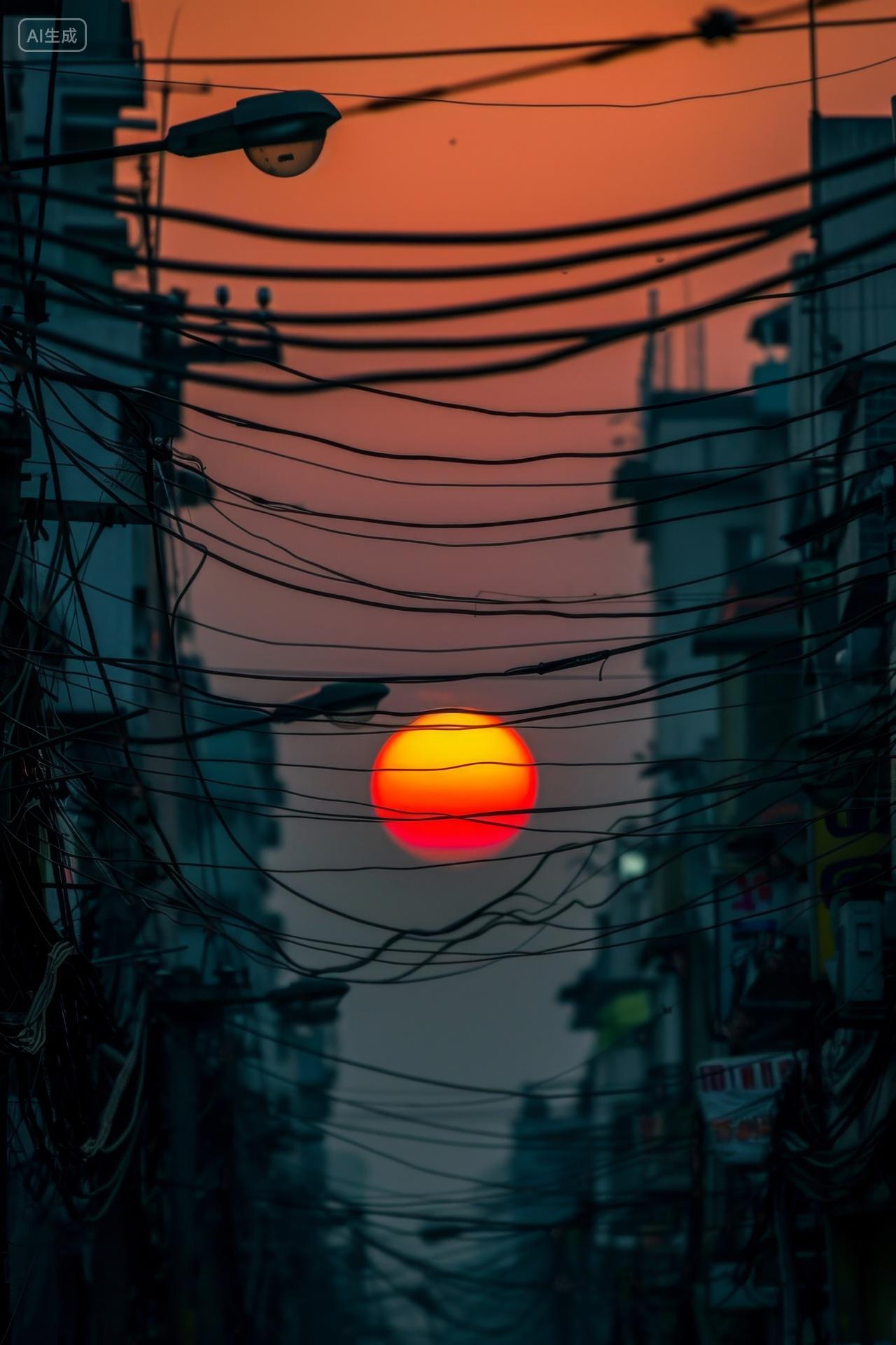 夕阳下的城市街道和杂乱的电线