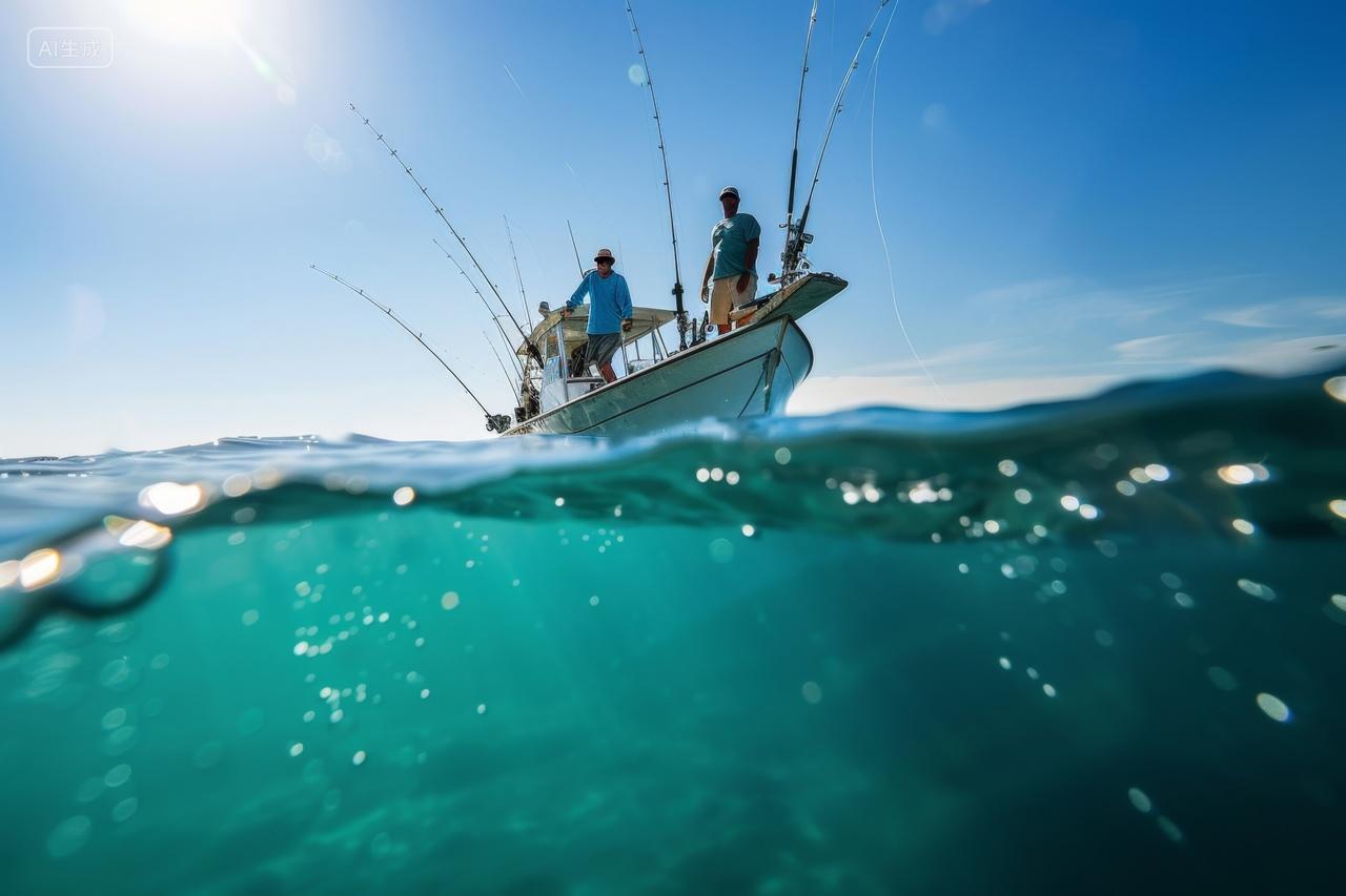 海面上坐着小船钓鱼的渔民