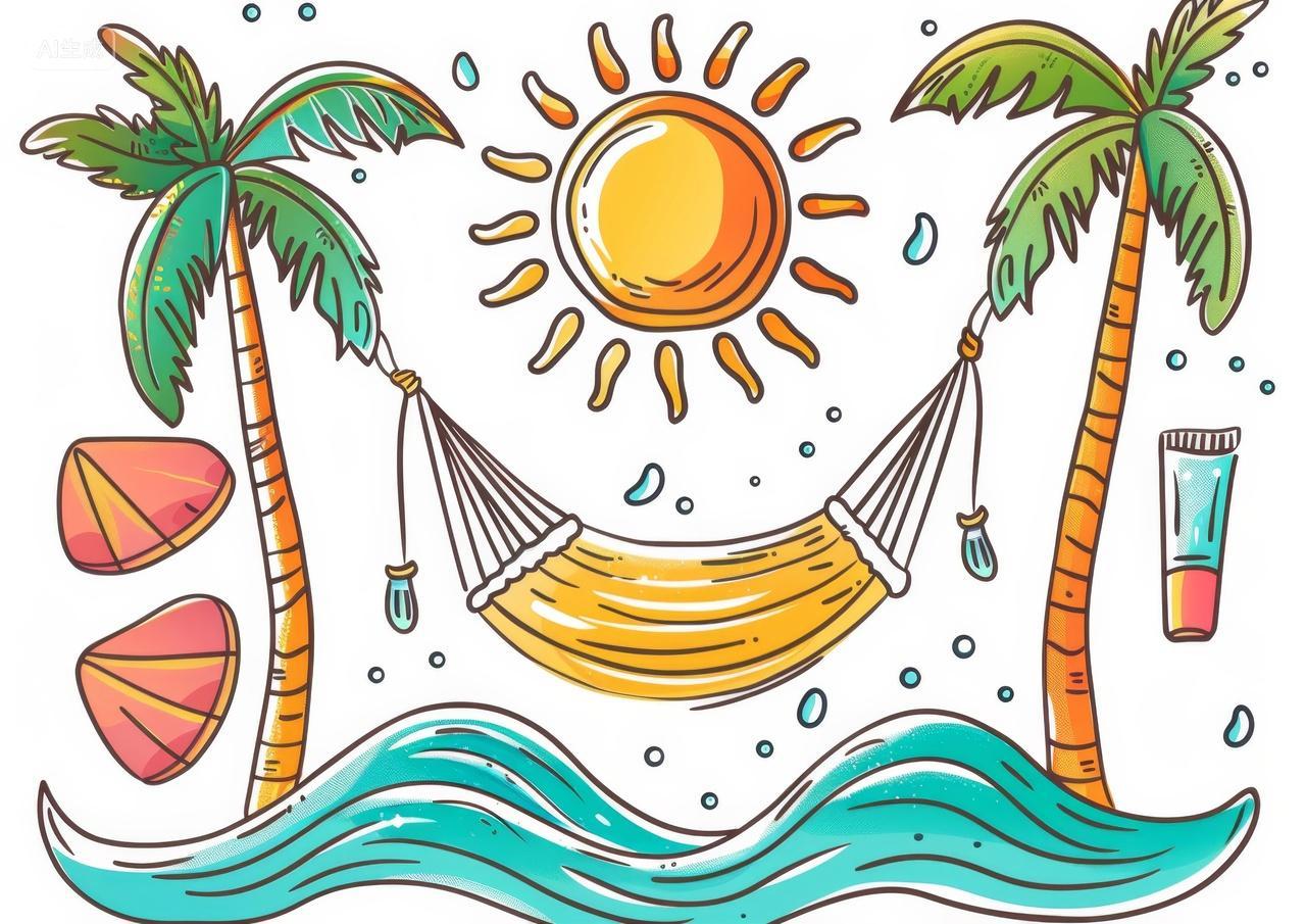 夏日休闲度假插图棕榈树下的舒适吊床