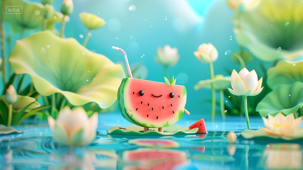 夏天荷塘里的西瓜创意插画背景