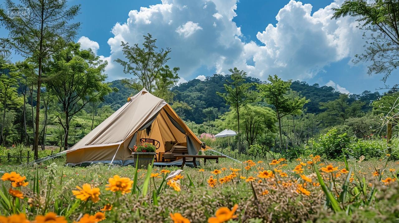 夏日户外露营在森林公园搭帐篷旅游小暑大暑入伏