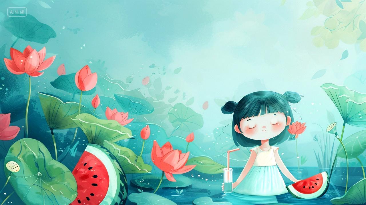 夏日荷塘可爱的卡通小朋友