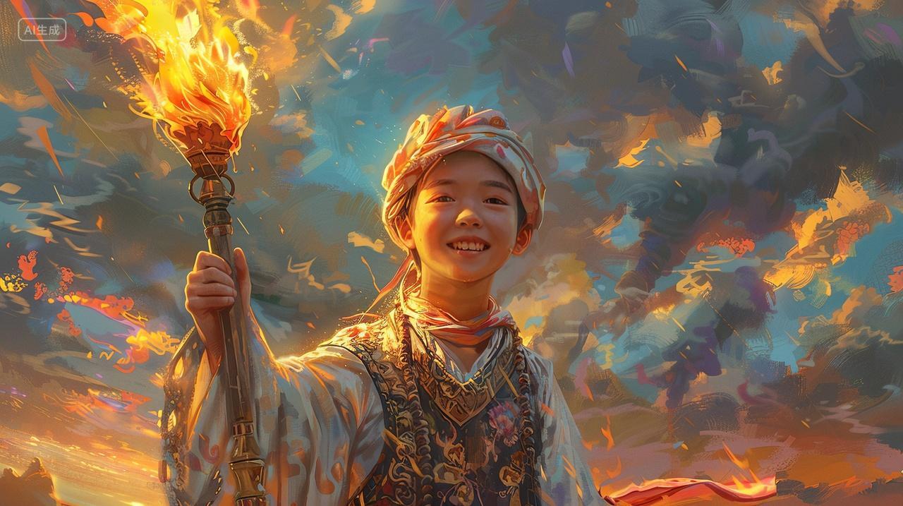 彝族小朋友戴着头巾拿着火炬庆祝火把节