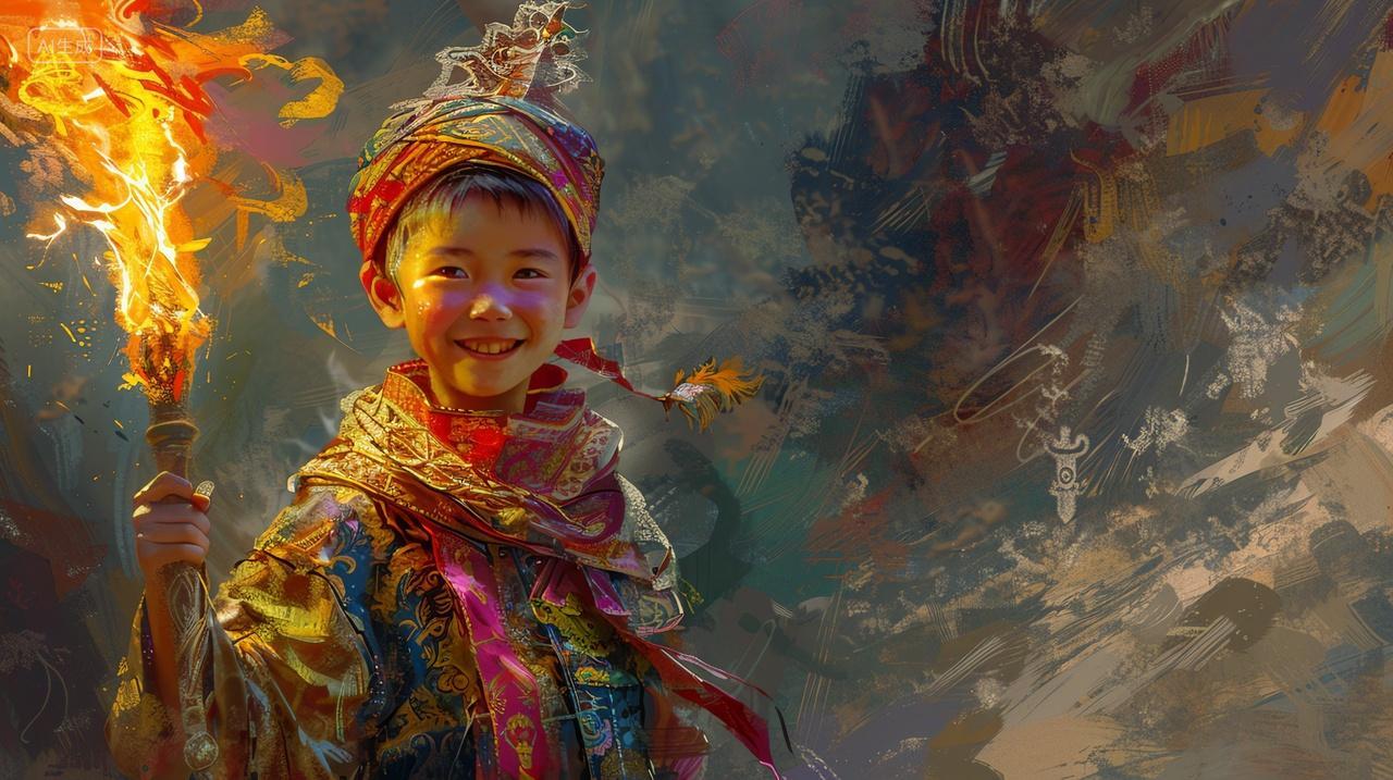 彝族小朋友戴着头巾拿着火炬庆祝火把节