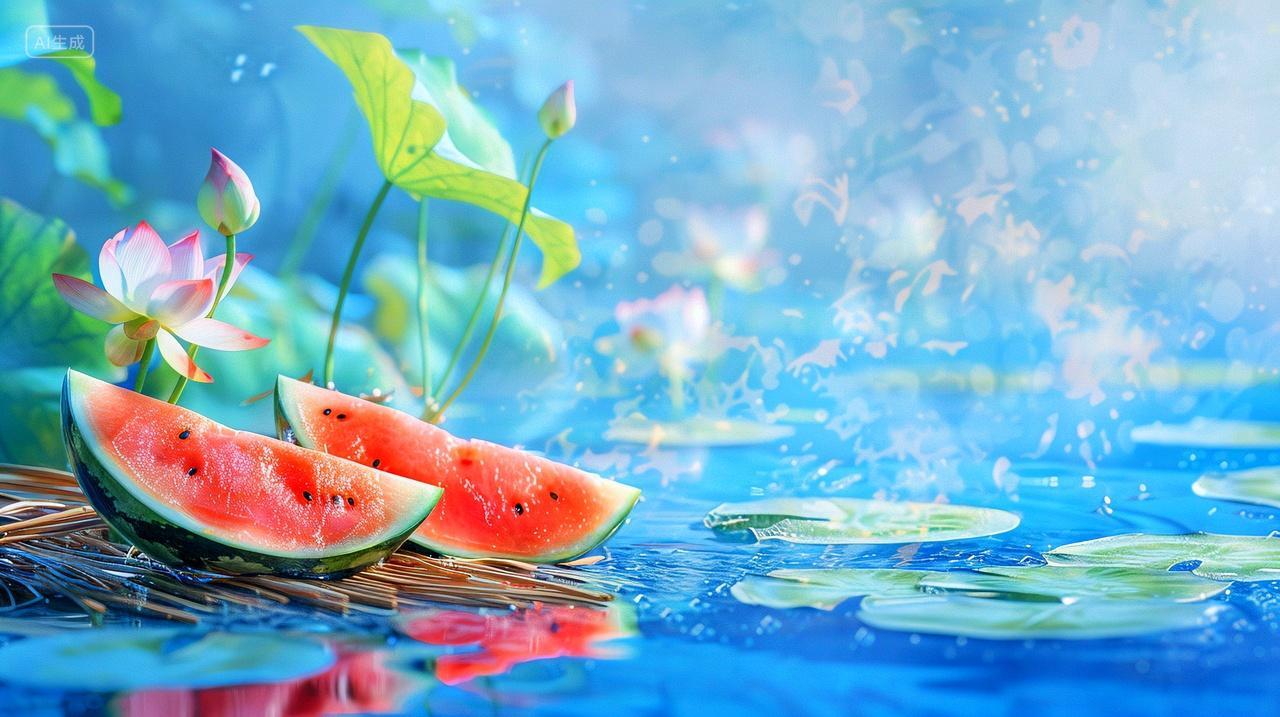 夏天荷塘里的西瓜创意插画背景