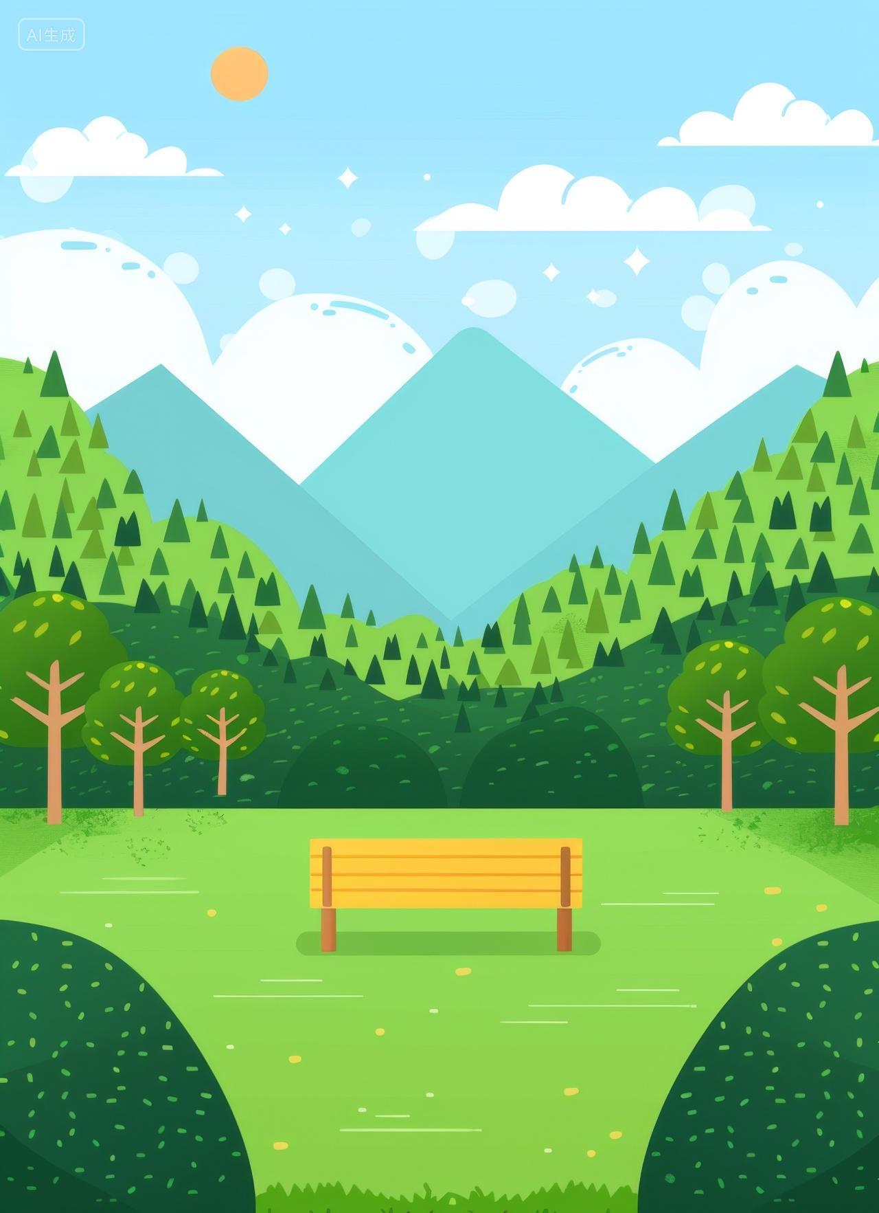 卡通风景插图绿色树林和平地上的长椅