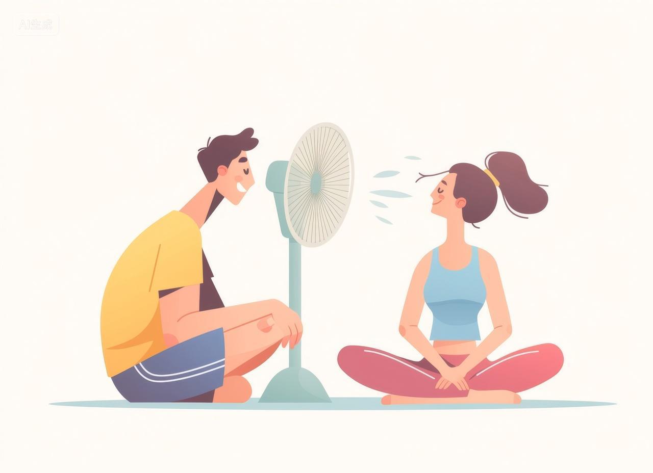 一起吹着电风扇的情侣