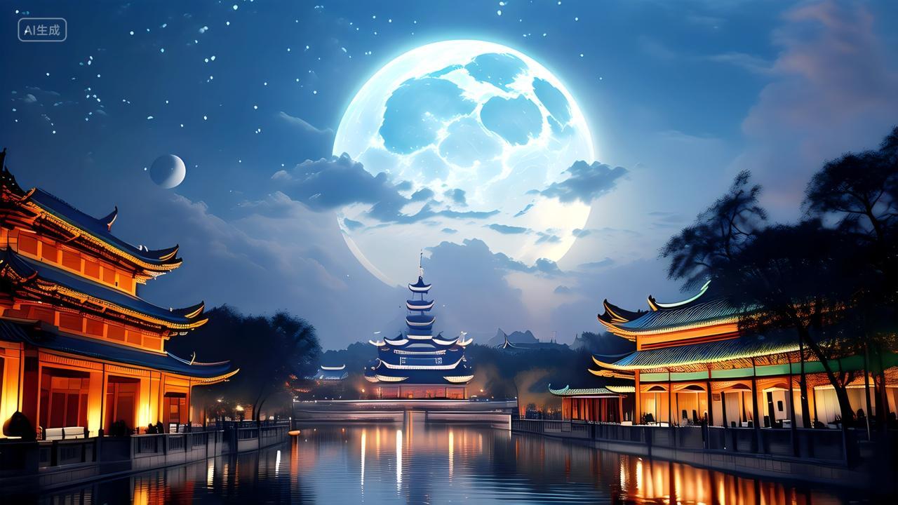 西安旅游古塔建筑八月十五圆圆明亮的月亮中秋节插图