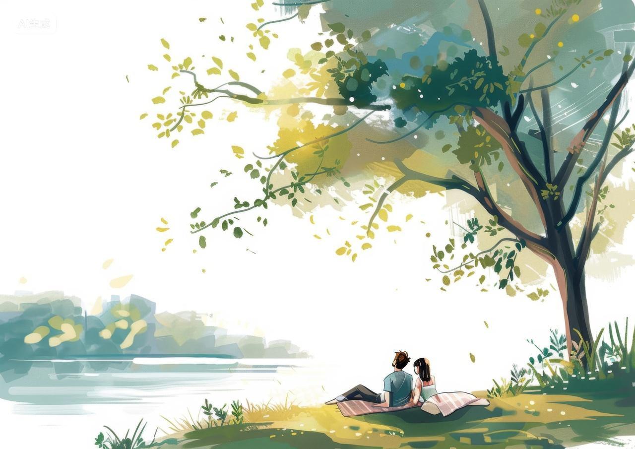 七夕插画坐在湖边树下约会的情侣