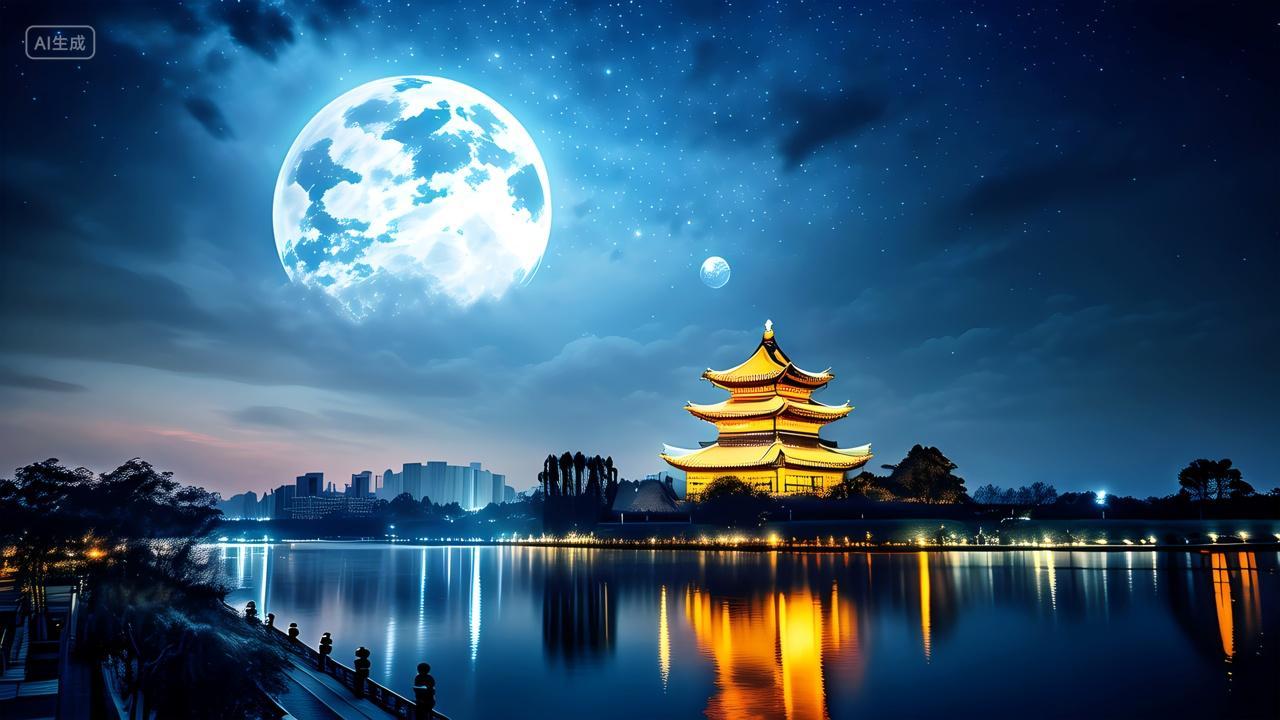 明亮的月亮下西安大雁塔钟楼古塔夜景中秋节24节气秋分立秋