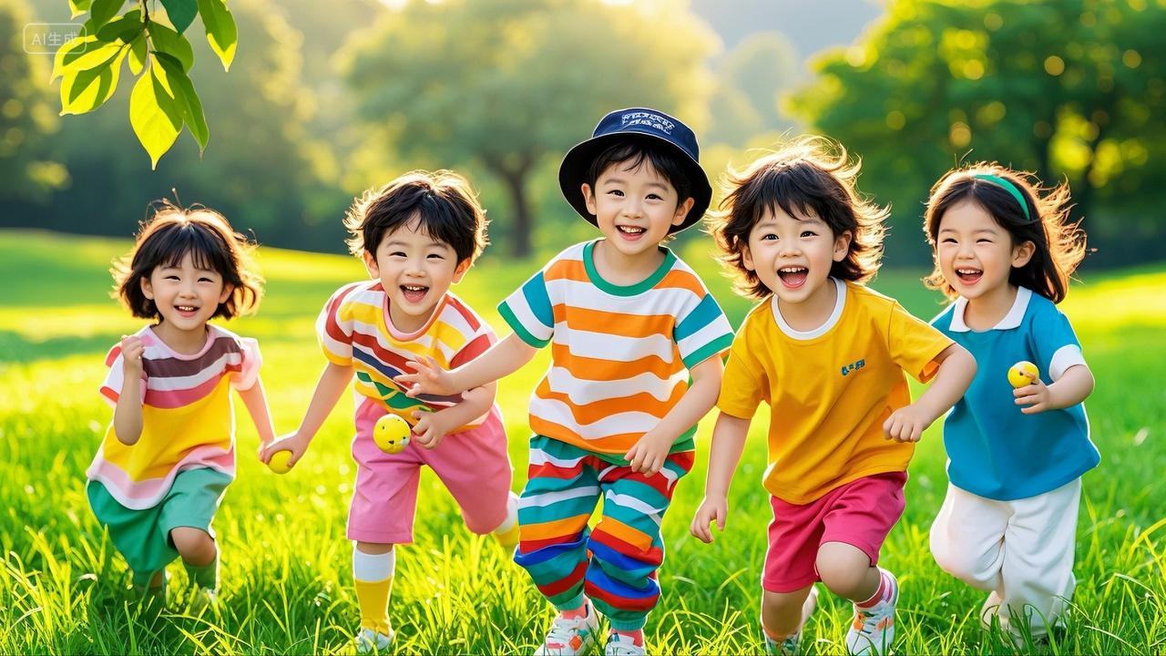 夏日孩子们在户外草地奔跑玩耍暑期夏令营