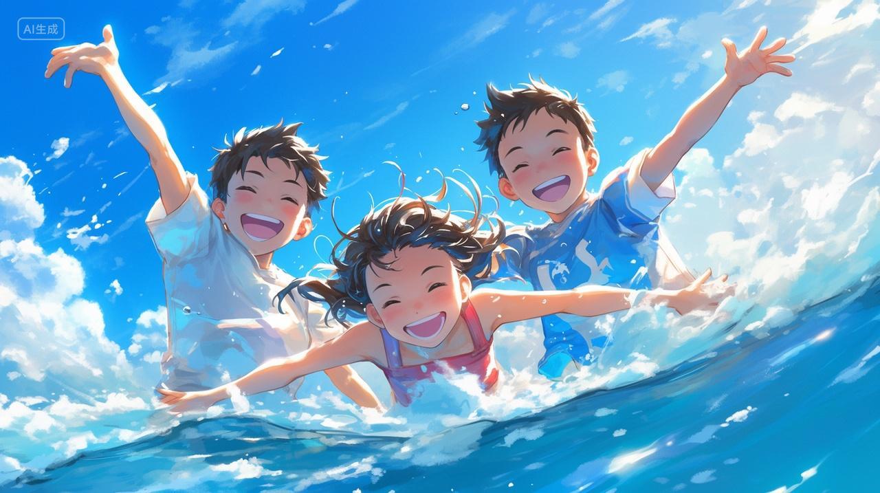 三个可爱的小孩在开开心心的玩水夏天大暑处暑夏季插画