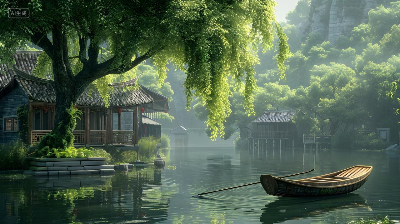 小船静泊河畔水乡景色